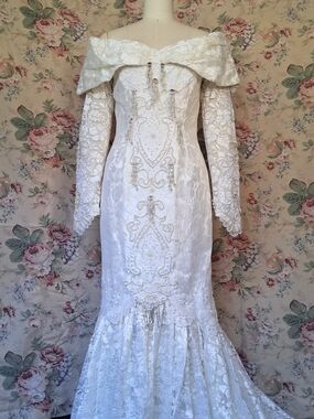 French Lace White Off-Shoulder Mermaid Wedding Dress Beaded, Size Small